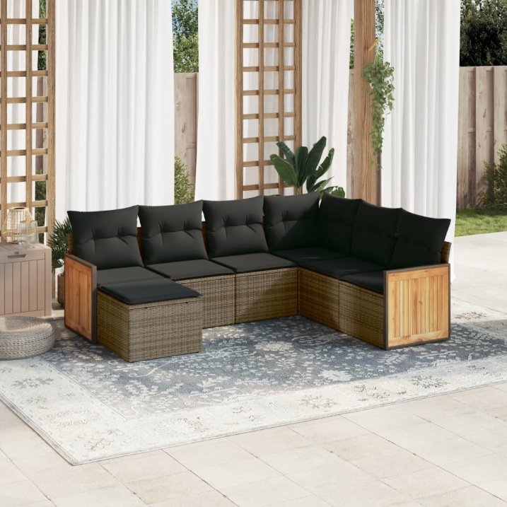 7-tlg. Garten-Sofagarnitur mit Kissen Schwarz Poly Rattan
