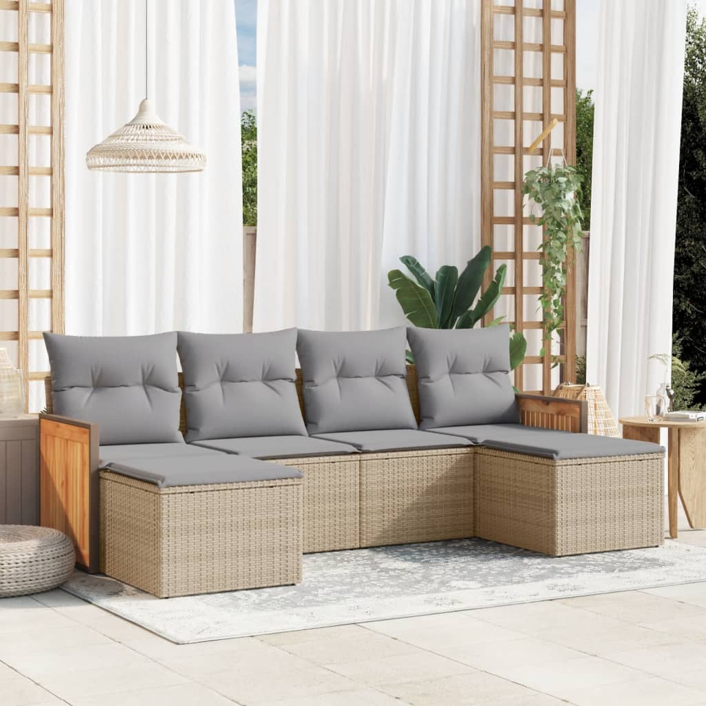 6-tlg. Garten-Sofagarnitur mit Kissen Schwarz Poly Rattan
