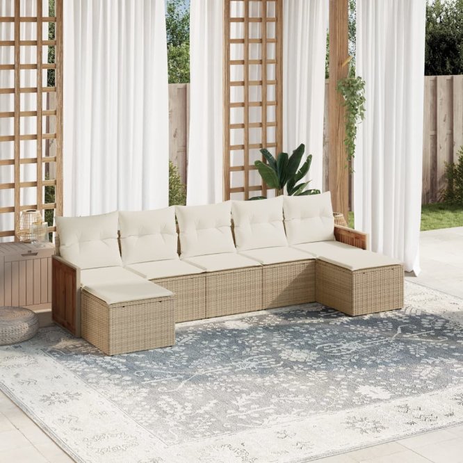 7-tlg. Garten-Sofagarnitur mit Kissen Schwarz Poly Rattan