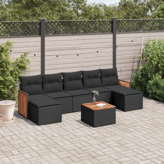 7-tlg. Garten-Sofagarnitur mit Kissen Schwarz Poly Rattan