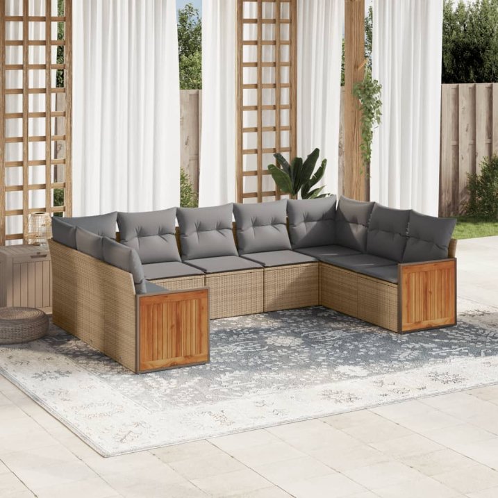 9-tlg. Garten-Sofagarnitur mit Kissen Schwarz Poly Rattan