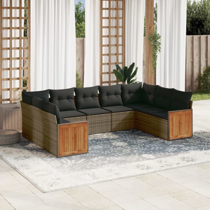 9-tlg. Garten-Sofagarnitur mit Kissen Schwarz Poly Rattan