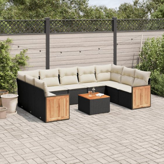 9-tlg. Garten-Sofagarnitur mit Kissen Schwarz Poly Rattan