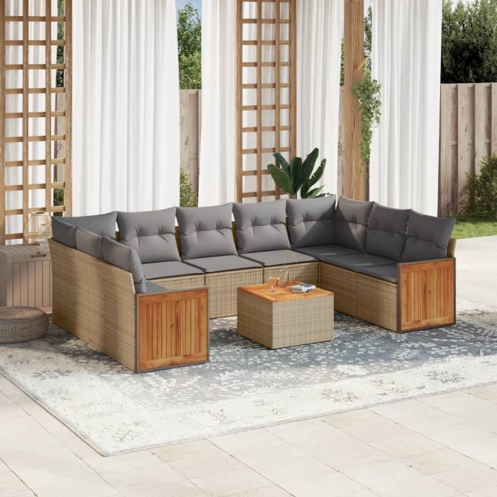 9-tlg. Garten-Sofagarnitur mit Kissen Schwarz Poly Rattan