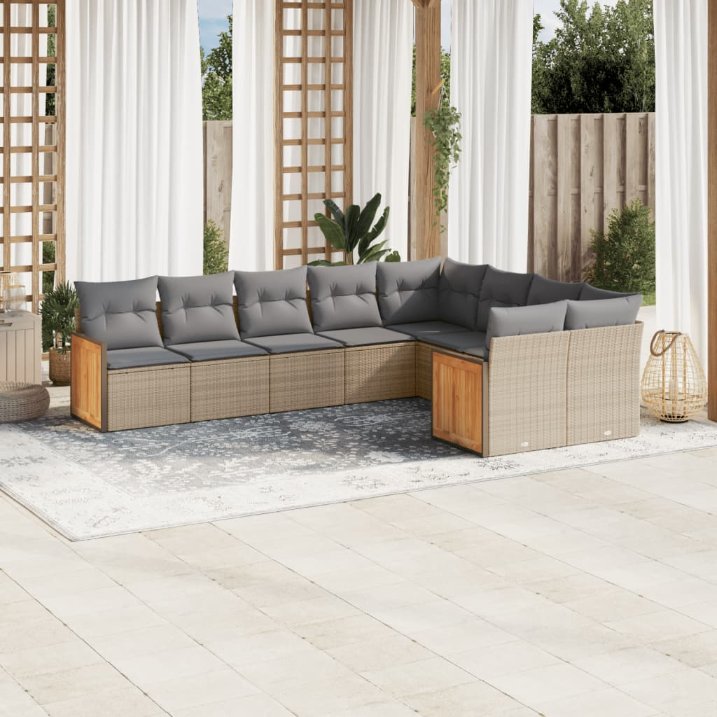 9-tlg. Garten-Sofagarnitur mit Kissen Schwarz Poly Rattan