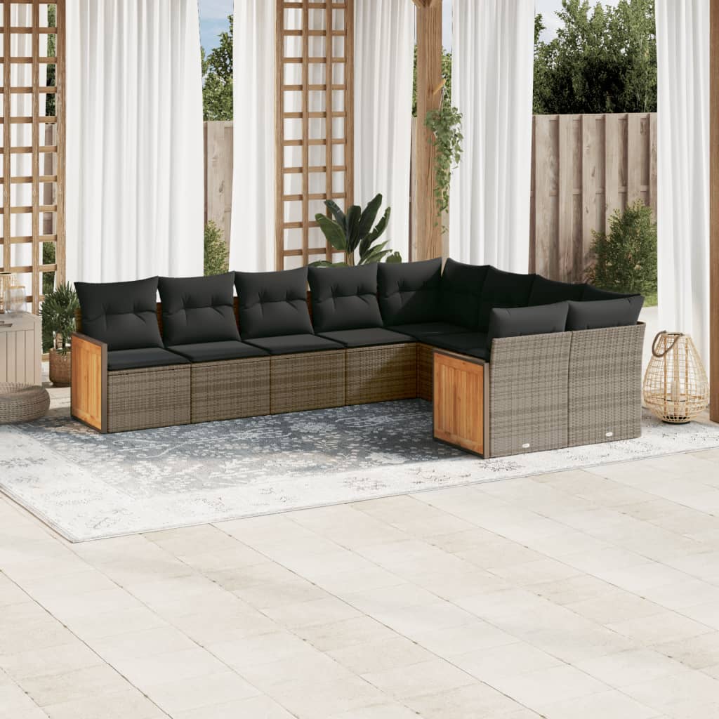 9-tlg. Garten-Sofagarnitur mit Kissen Schwarz Poly Rattan