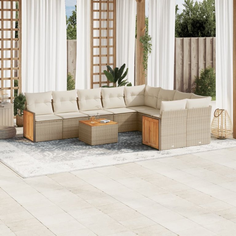 9-tlg. Garten-Sofagarnitur mit Kissen Schwarz Poly Rattan