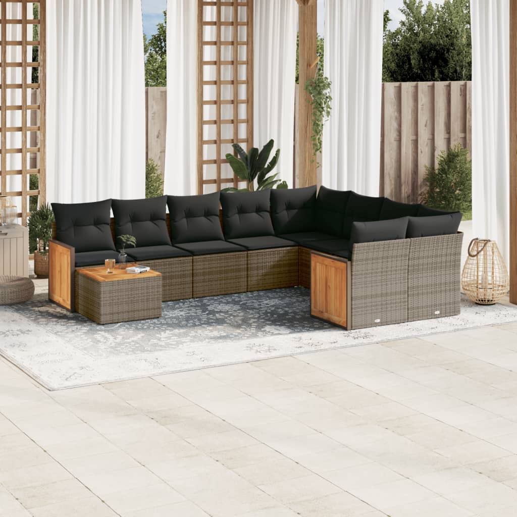 vidaXL 10-tlg. Garten-Sofagarnitur mit Kissen Schwarz Poly Rattan