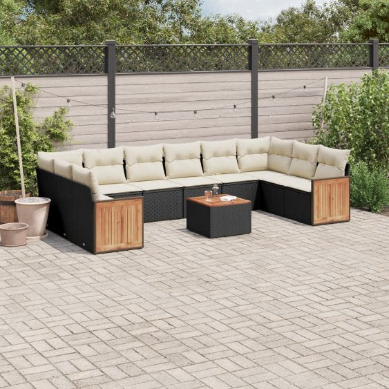 vidaXL 10-tlg. Garten-Sofagarnitur mit Kissen Schwarz Poly Rattan