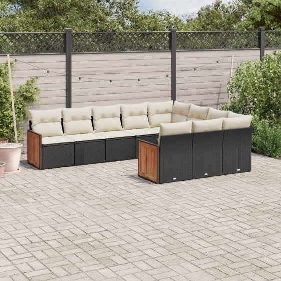 vidaXL 10-tlg. Garten-Sofagarnitur mit Kissen Schwarz Poly Rattan