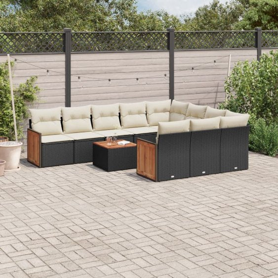 vidaXL 10-tlg. Garten-Sofagarnitur mit Kissen Schwarz Poly Rattan