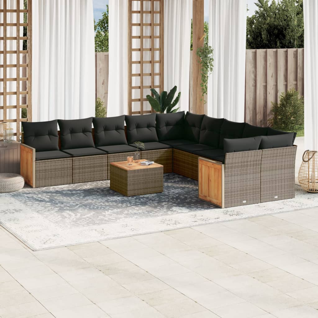 vidaXL 10-tlg. Garten-Sofagarnitur mit Kissen Schwarz Poly Rattan
