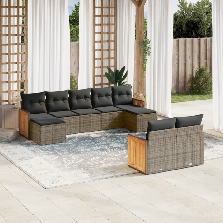 9-tlg. Garten-Sofagarnitur mit Kissen Schwarz Poly Rattan