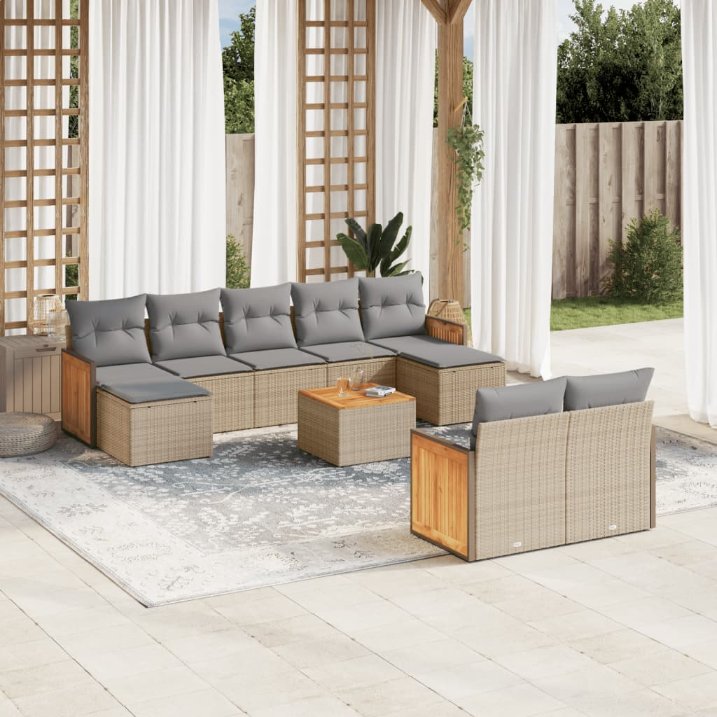 9-tlg. Garten-Sofagarnitur mit Kissen Schwarz Poly Rattan