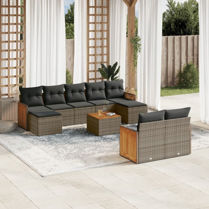 9-tlg. Garten-Sofagarnitur mit Kissen Schwarz Poly Rattan