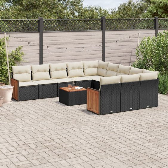 vidaXL 11-tlg. Garten-Sofagarnitur mit Kissen Schwarz Poly Rattan