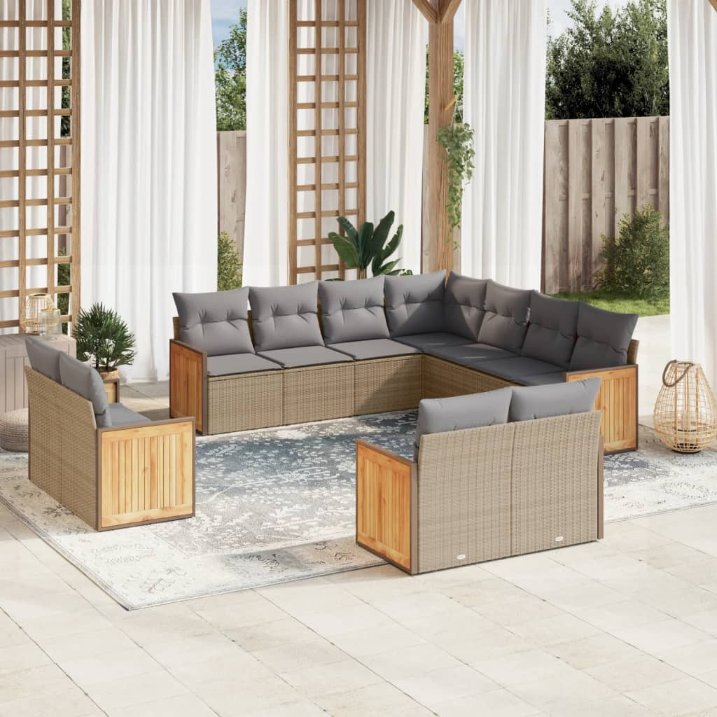 vidaXL 11-tlg. Garten-Sofagarnitur mit Kissen Schwarz Poly Rattan
