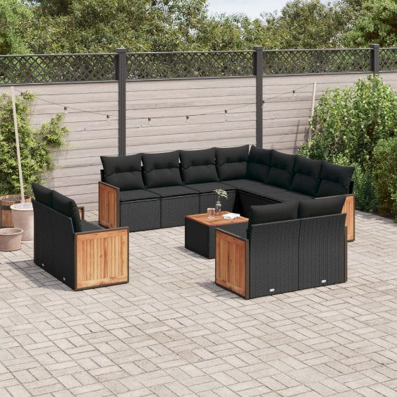 vidaXL 11-tlg. Garten-Sofagarnitur mit Kissen Schwarz Poly Rattan