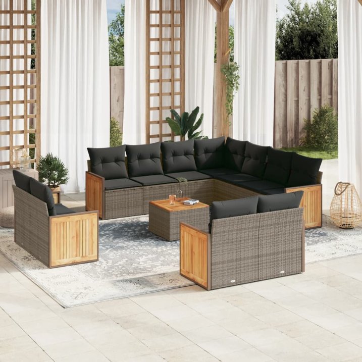 vidaXL 11-tlg. Garten-Sofagarnitur mit Kissen Schwarz Poly Rattan