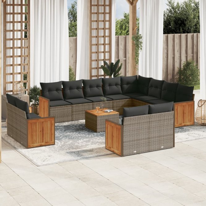 12-tlg. Garten-Sofagarnitur mit Kissen Schwarz Poly Rattan