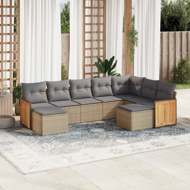 9-tlg. Garten-Sofagarnitur mit Kissen Schwarz Poly Rattan
