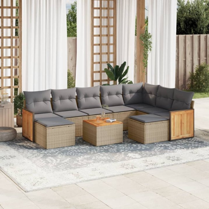 9-tlg. Garten-Sofagarnitur mit Kissen Schwarz Poly Rattan