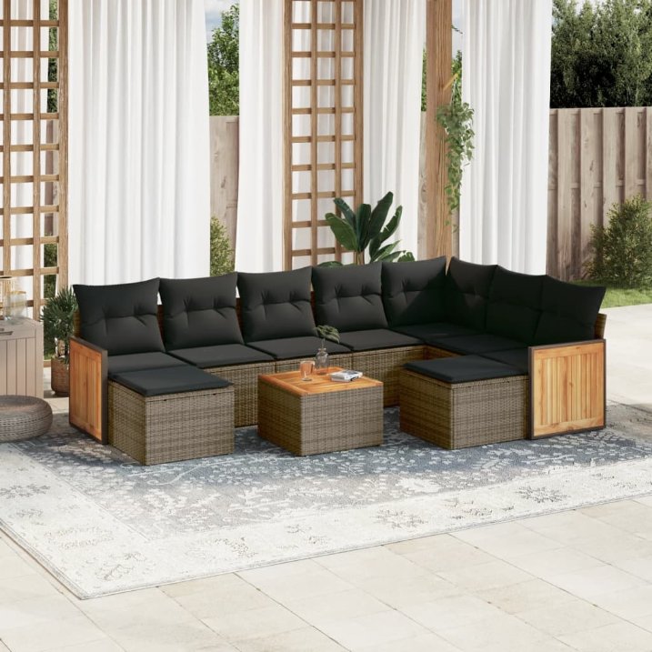 9-tlg. Garten-Sofagarnitur mit Kissen Schwarz Poly Rattan