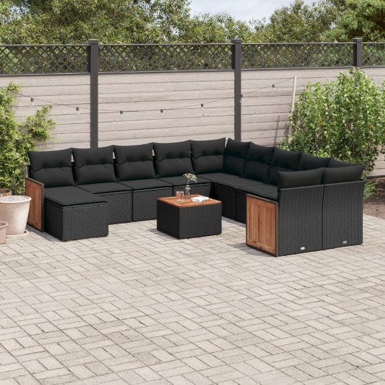 vidaXL 11-tlg. Garten-Sofagarnitur mit Kissen Schwarz Poly Rattan