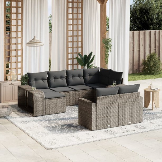 vidaXL 10-tlg. Garten-Sofagarnitur mit Kissen Schwarz Poly Rattan