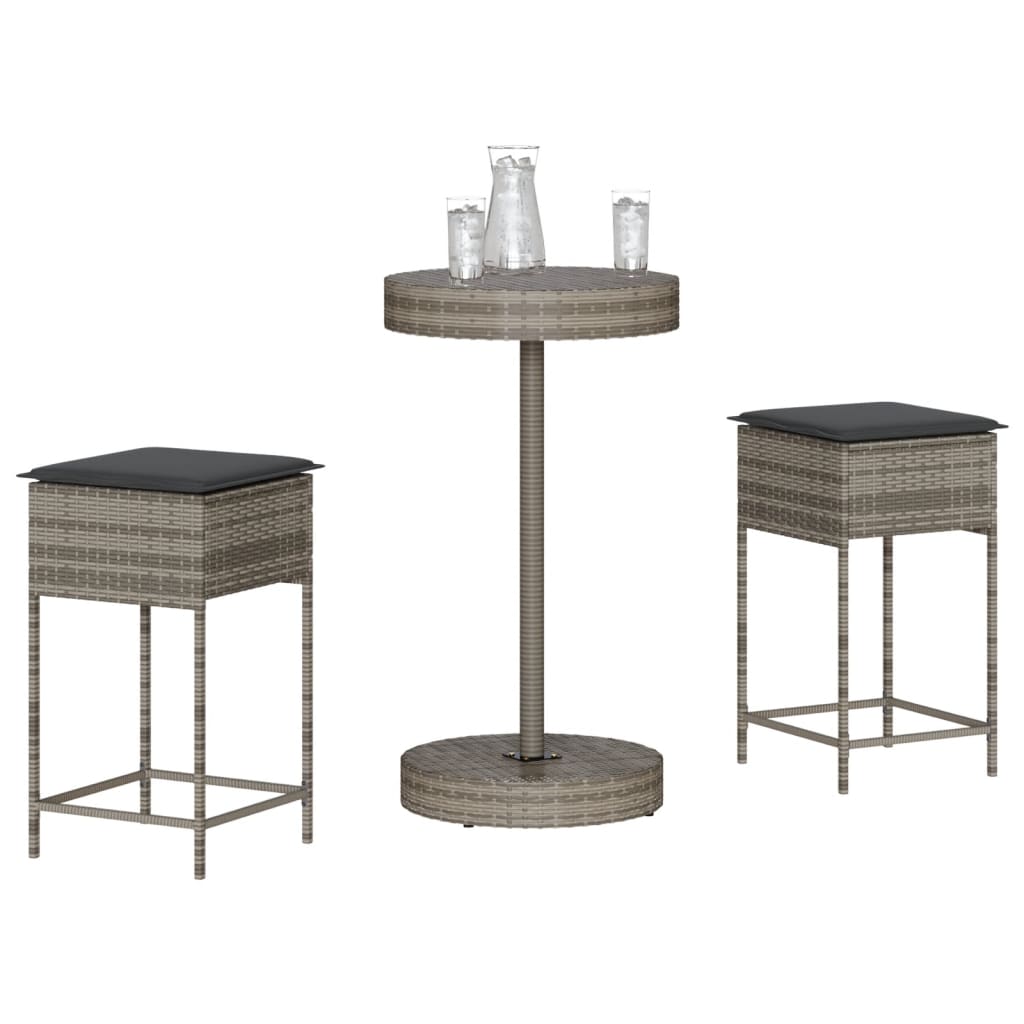 3-tlg. Gartenbar-Set mit Kissen Schwarz Poly Rattan