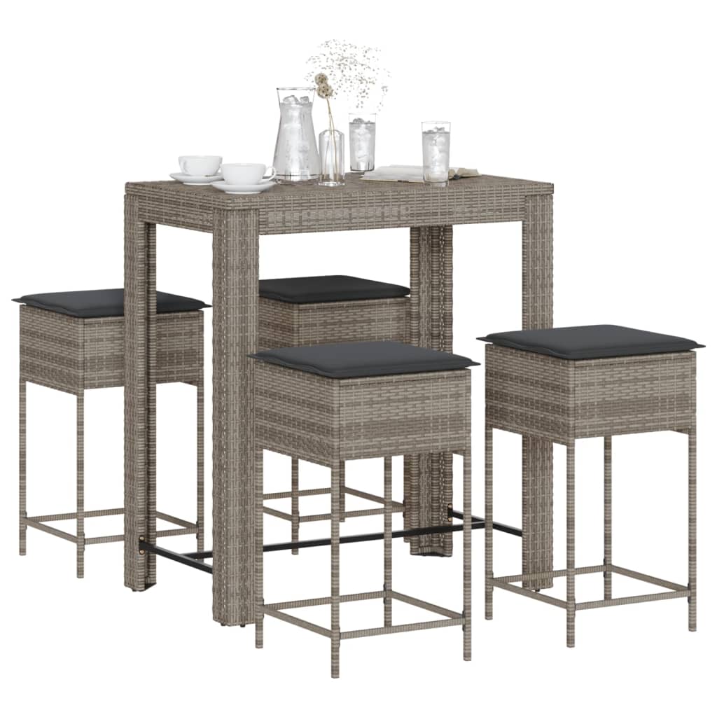 3-tlg. Gartenbar-Set mit Kissen Grau Poly Rattan
