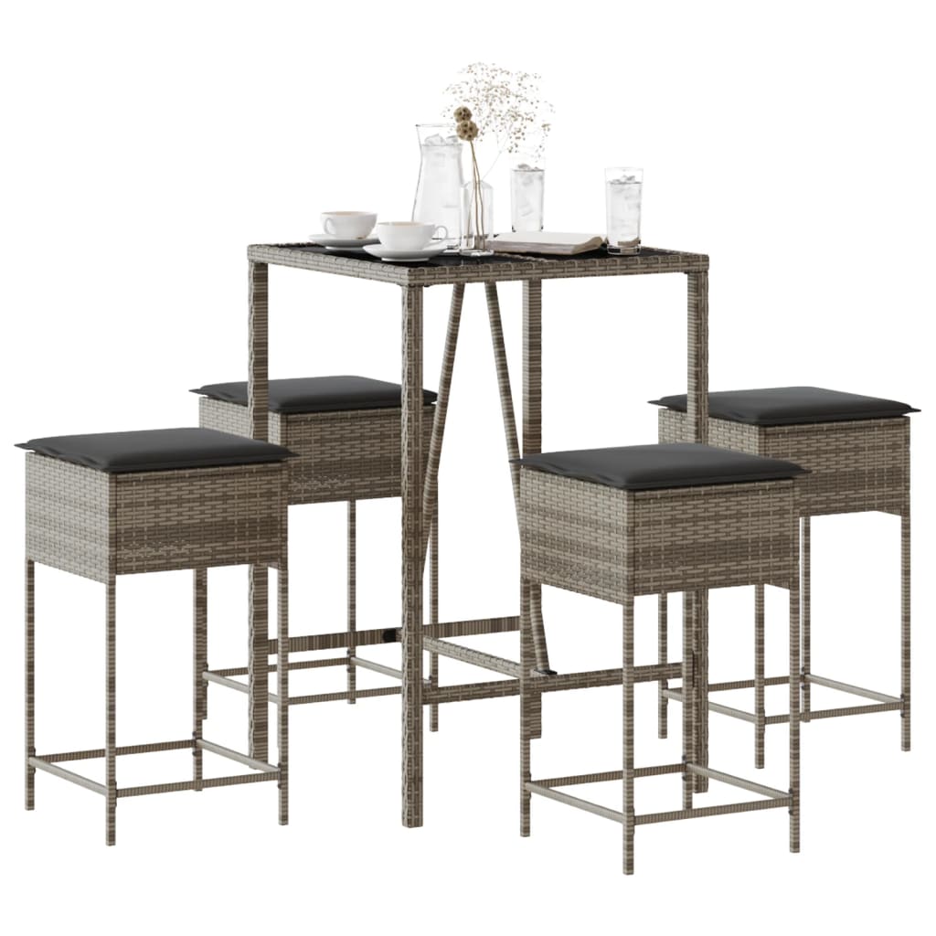 3-tlg. Gartenbar-Set mit Kissen Grau Poly Rattan