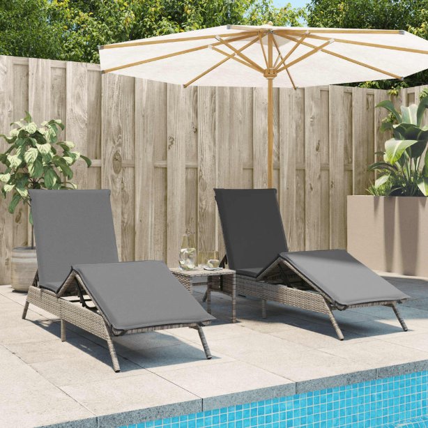 vidaXL Sonnenliegen mit Auflagen 2 Stk. Schwarz Poly Rattan