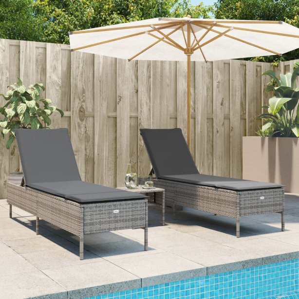vidaXL Sonnenliegen mit Auflagen 2 Stk. Schwarz Poly Rattan
