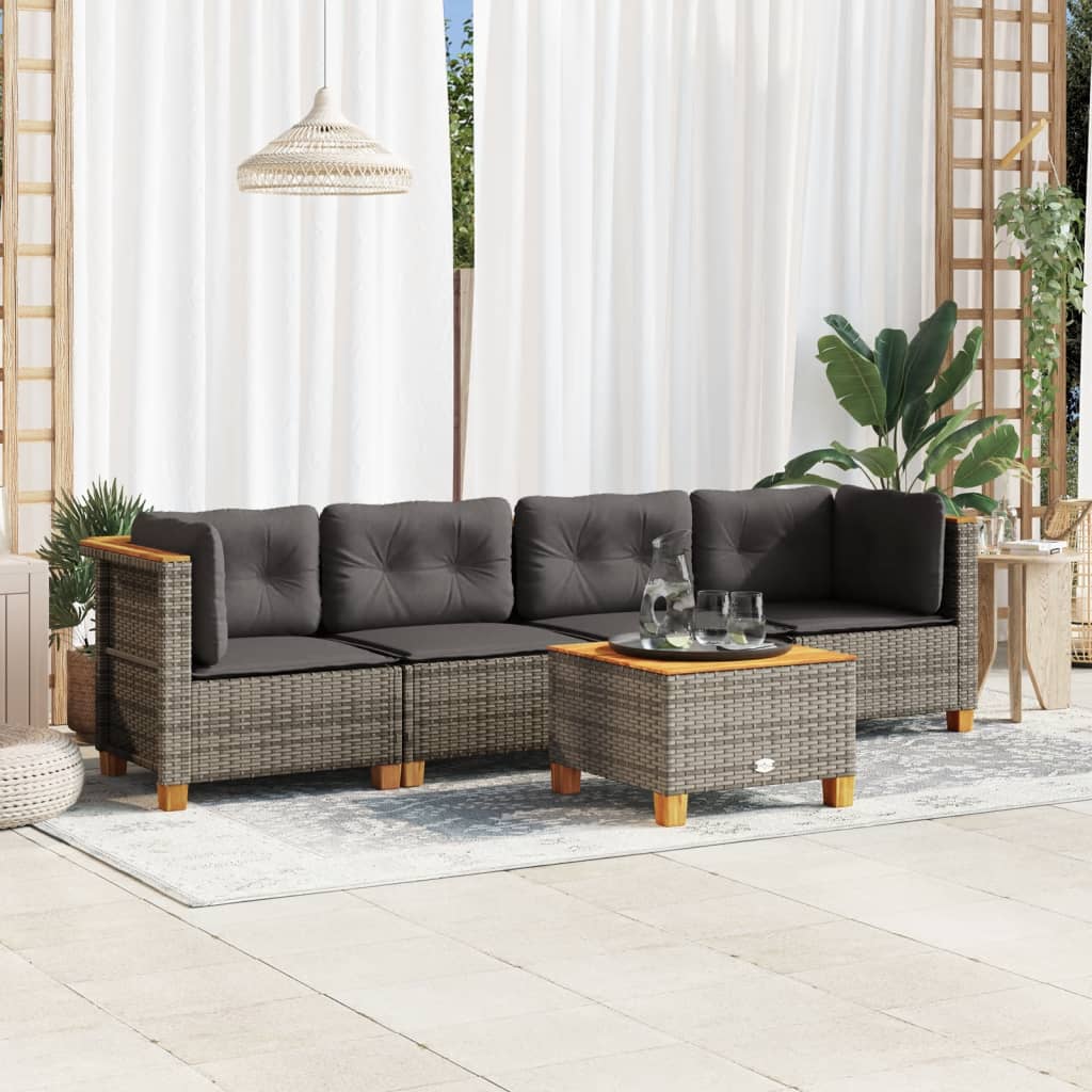 5-tlg. Garten-Sofagarnitur mit Kissen Schwarz Poly Rattan
