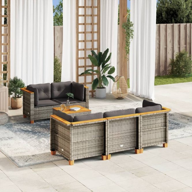 6-tlg. Garten-Sofagarnitur mit Kissen Schwarz Poly Rattan