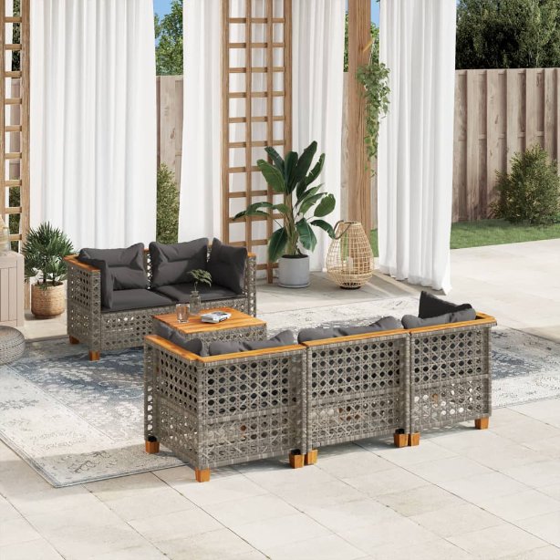 6-tlg. Garten-Sofagarnitur mit Kissen Schwarz Poly Rattan