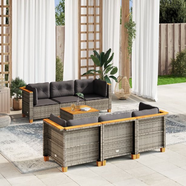 7-tlg. Garten-Sofagarnitur mit Kissen Schwarz Poly Rattan