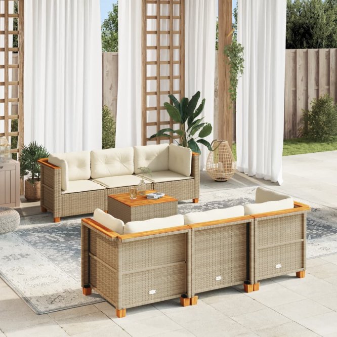7-tlg. Garten-Sofagarnitur mit Kissen Schwarz Poly Rattan