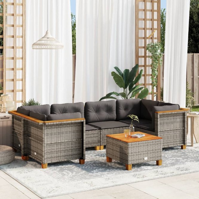 7-tlg. Garten-Sofagarnitur mit Kissen Schwarz Poly Rattan