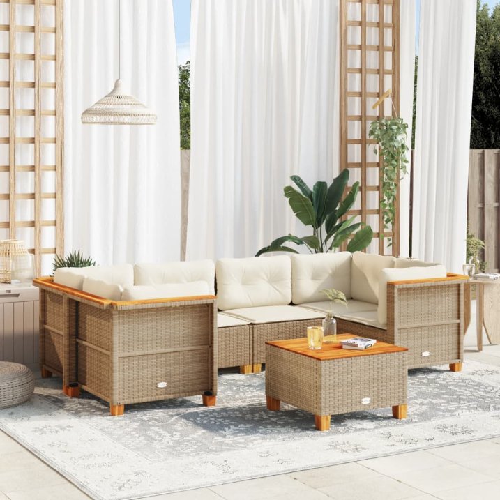 7-tlg. Garten-Sofagarnitur mit Kissen Schwarz Poly Rattan