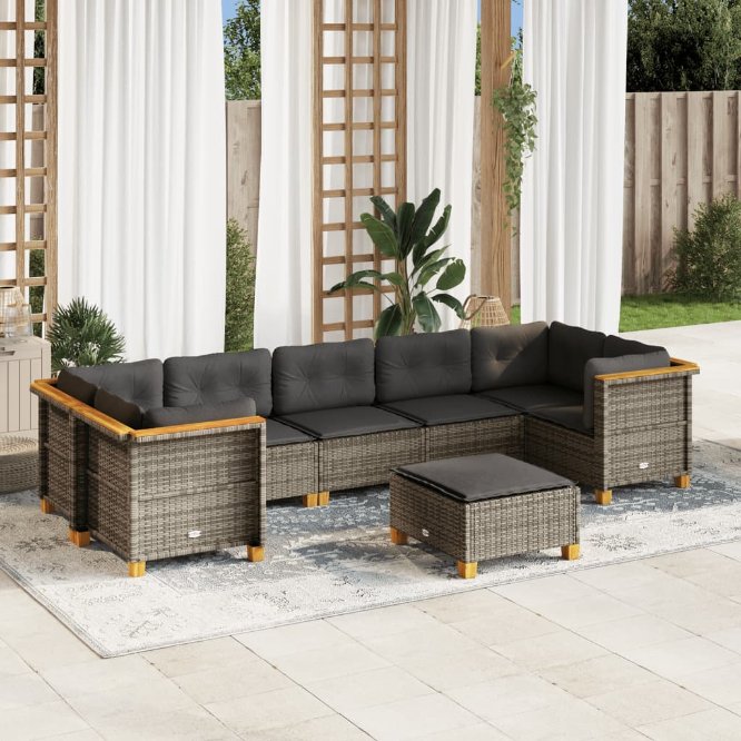 8-tlg. Garten-Sofagarnitur mit Kissen Schwarz Poly Rattan
