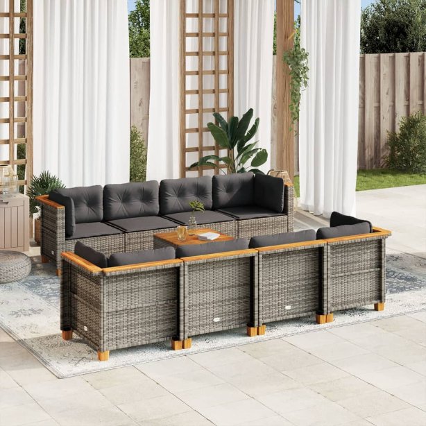 9-tlg. Garten-Sofagarnitur mit Kissen Schwarz Poly Rattan