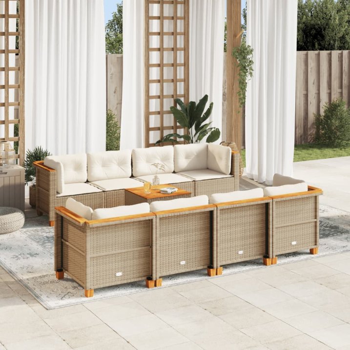 9-tlg. Garten-Sofagarnitur mit Kissen Schwarz Poly Rattan