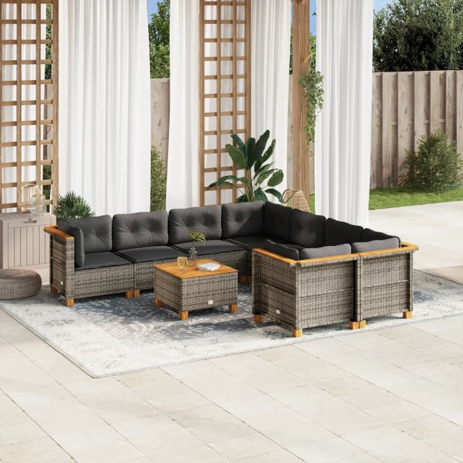 9-tlg. Garten-Sofagarnitur mit Kissen Schwarz Poly Rattan