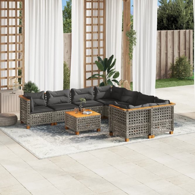 9-tlg. Garten-Sofagarnitur mit Kissen Schwarz Poly Rattan