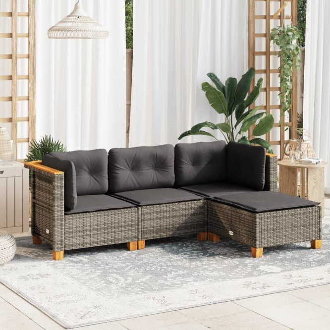 4-tlg. Garten-Sofagarnitur mit Kissen Schwarz Poly Rattan