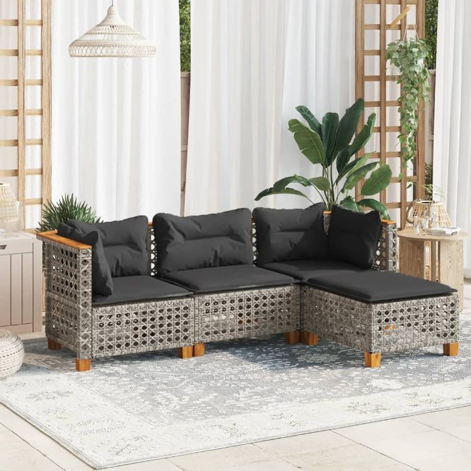 4-tlg. Garten-Sofagarnitur mit Kissen Schwarz Poly Rattan