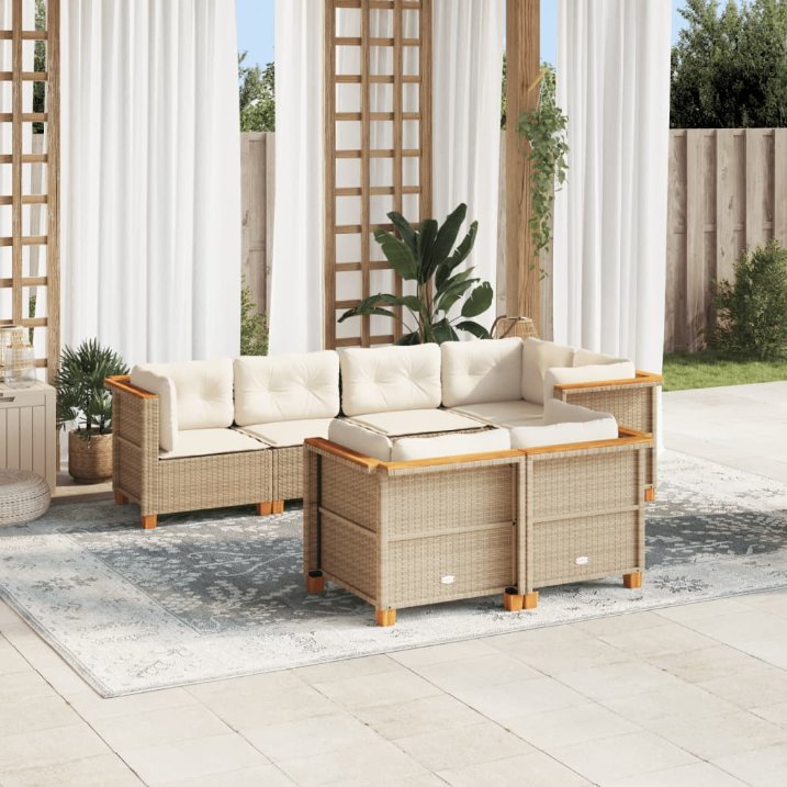 7-tlg. Garten-Sofagarnitur mit Kissen Schwarz Poly Rattan