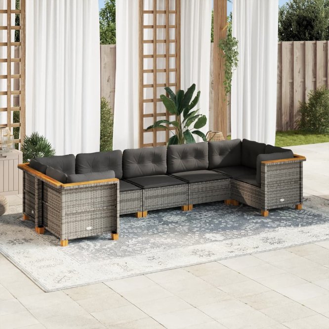 7-tlg. Garten-Sofagarnitur mit Kissen Schwarz Poly Rattan